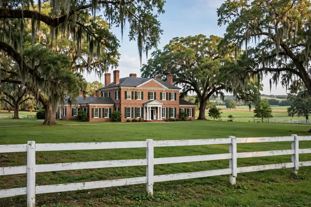 Brick estate home with a white fence in Crabapple, Alpharetta