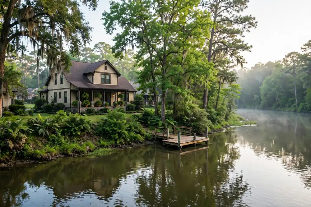 Home near a calm river with a wooden dock in the Jones Bridge area