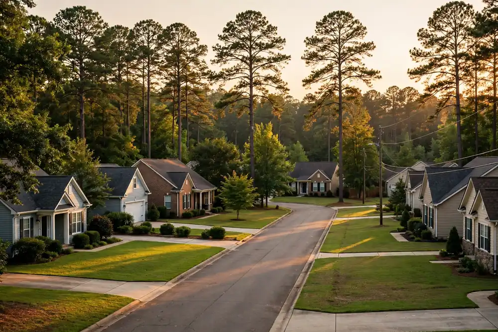Suburban street at golden hour in the Kimball Bridge area of Alpharetta
