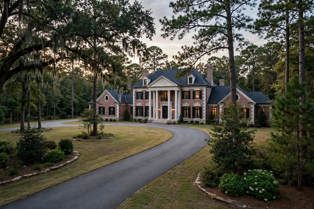 Large estate home with a curved driveway in North Alpharetta