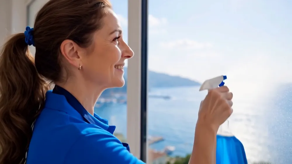 Cleaner at a window overlooking water in a Windward home