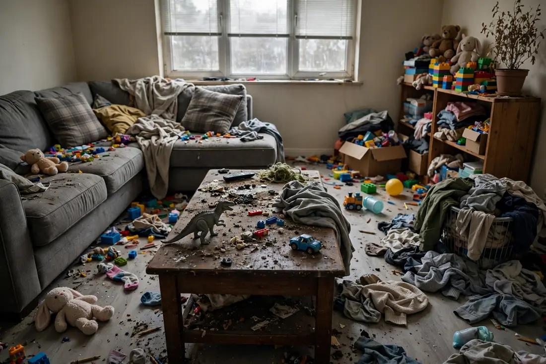 Cluttered living room before a cleaning visit