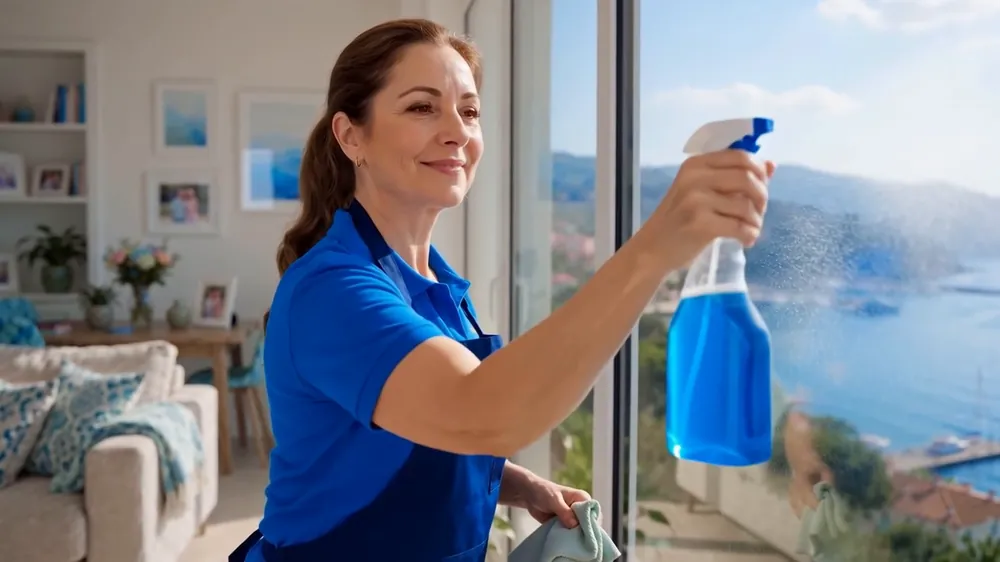 Cleaner spraying and wiping glass in a bright apartment living room