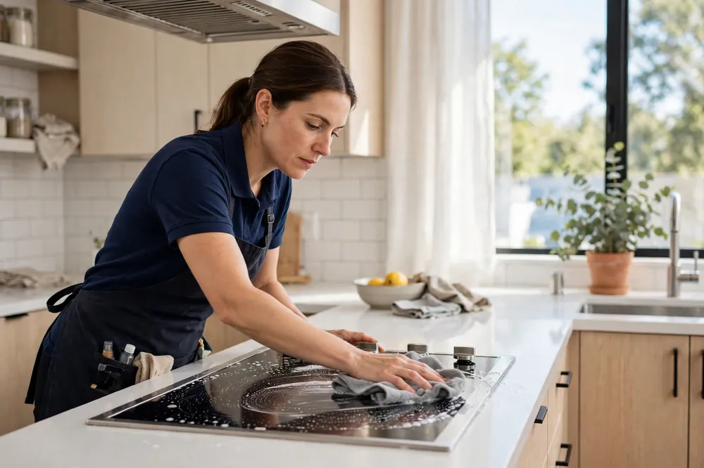 Cleaner scrubbing a kitchen stovetop during a deep clean