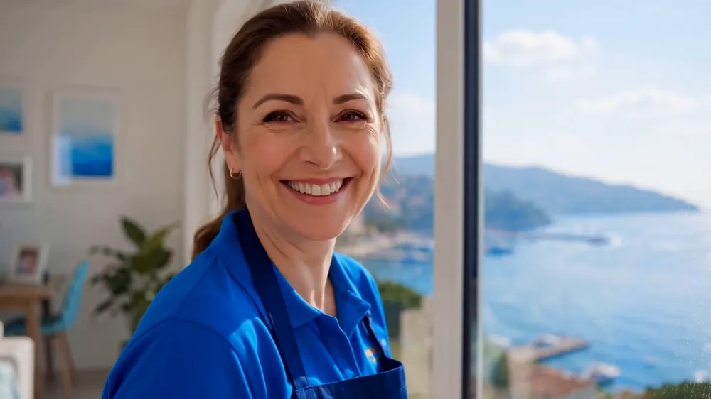 Cleaner smiling while finishing a bright living room clean