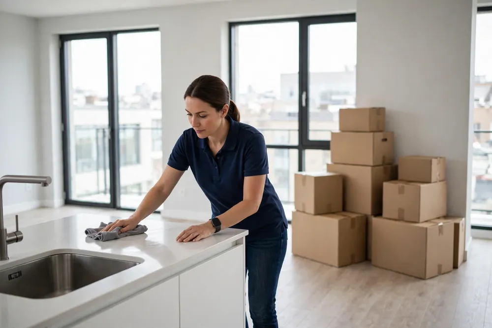 Cleaner wiping a counter in an empty Alpharetta apartment with moving boxes