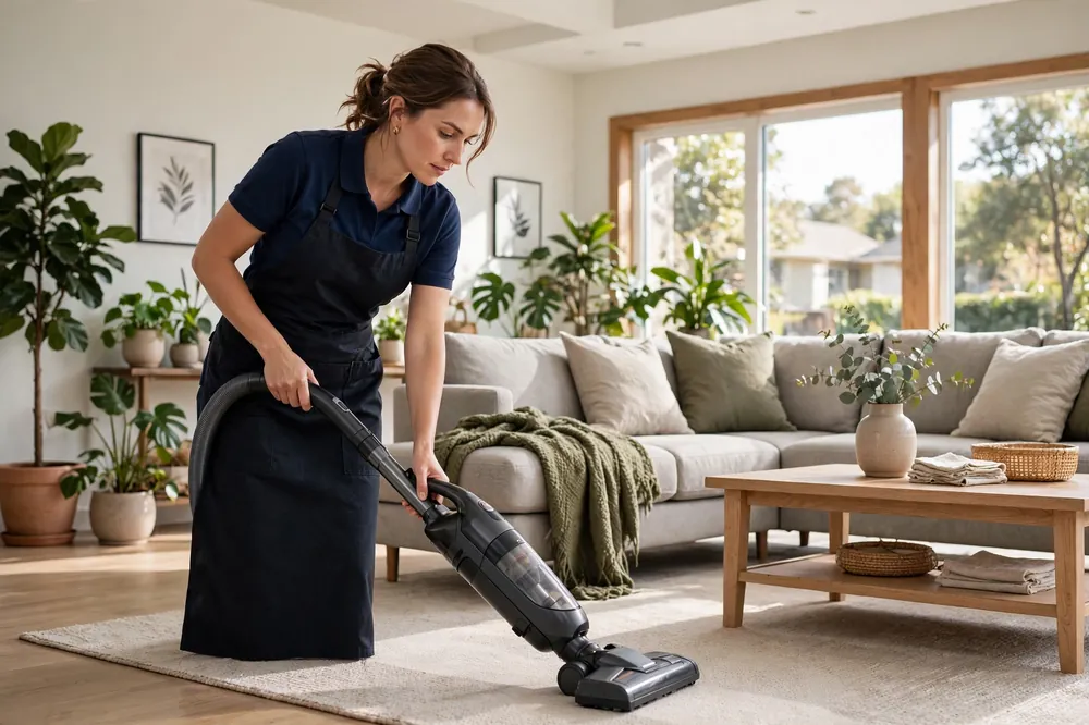 Cleaner vacuuming a bright living room during a recurring visit